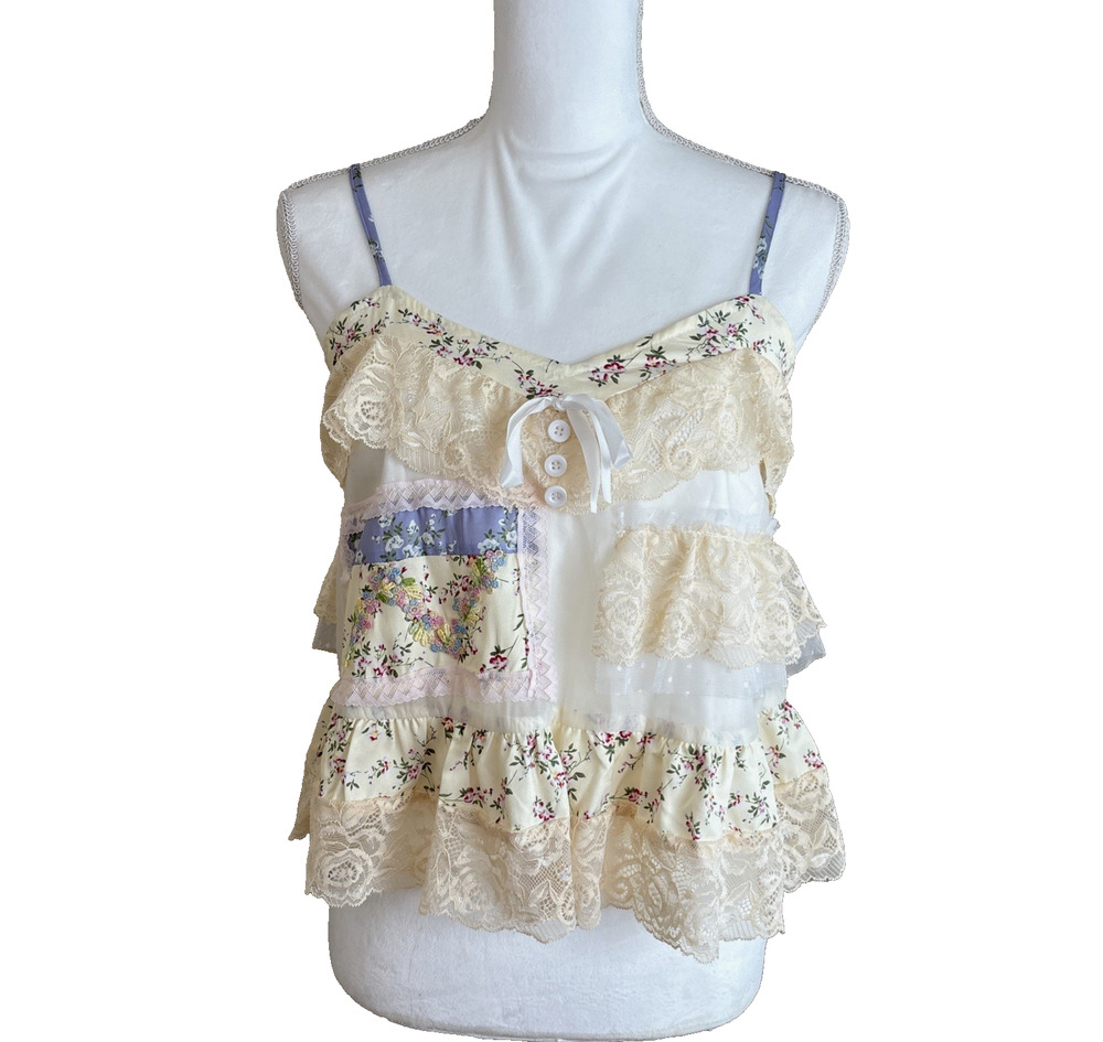 Shein Floral Tapestry Tank Top Lace Crochet Patchwork Cottagecore Feminine, Sz S